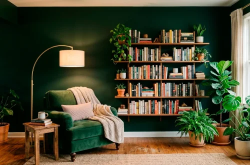 Cozy forest green reading nook with a velvet armchair, brass floor lamp, and floating wood shelves