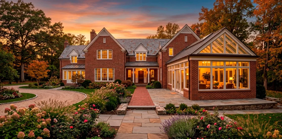 Beautiful seamless sunroom addition blending perfectly with a classic brick home exterior at sunset