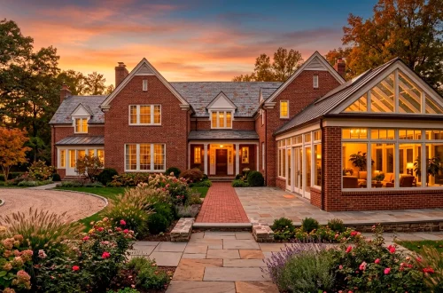 Beautiful seamless sunroom addition blending perfectly with a classic brick home exterior at sunset