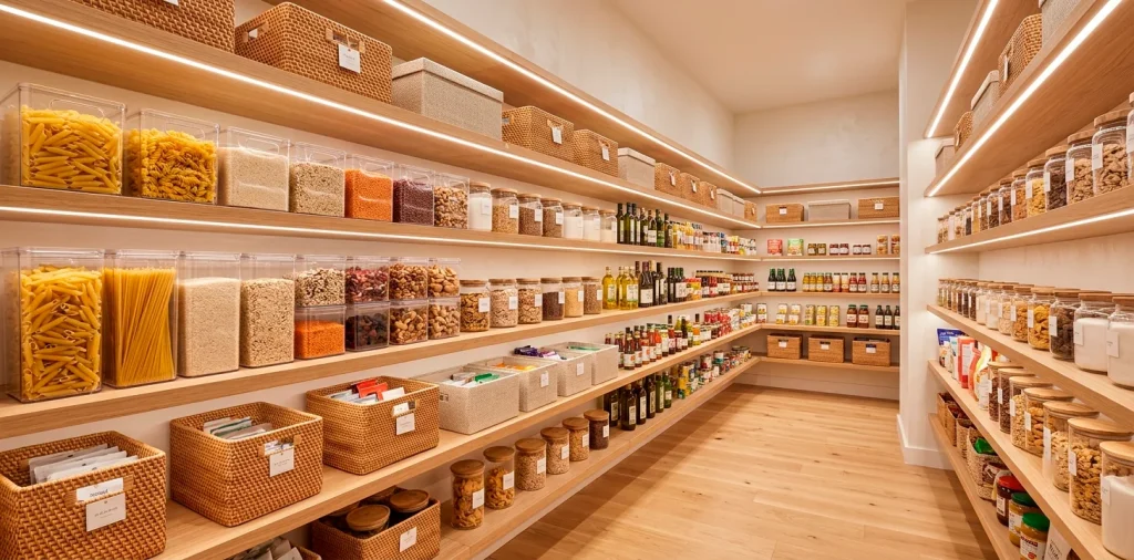 Beautifully organized modern kitchen pantry with clear bins and woven baskets on wooden shelves.