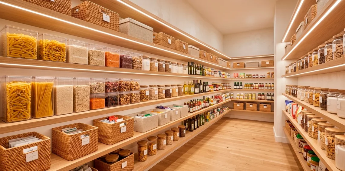 Beautifully organized modern kitchen pantry with clear bins and woven baskets on wooden shelves.