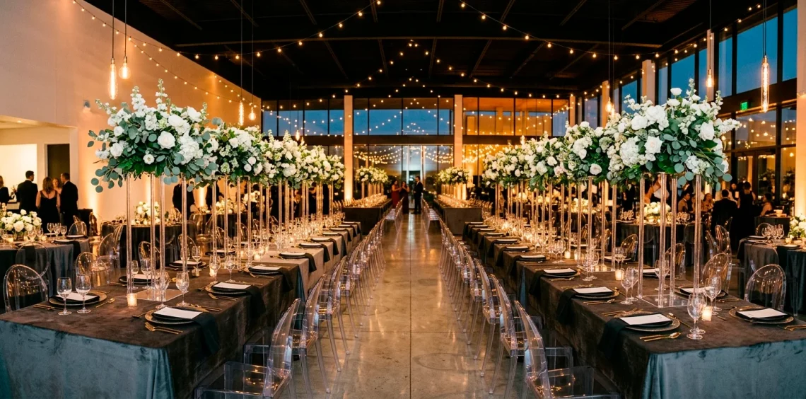 Modern ghost-chic wedding reception featuring clear acrylic chairs, charcoal velvet linens, and floating floral arrangements.