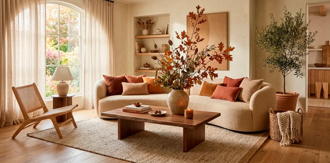 Modern organic living room with earthy fall decor, terracotta pillows, and dried branches on a wood table.