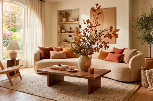 Modern organic living room with earthy fall decor, terracotta pillows, and dried branches on a wood table.