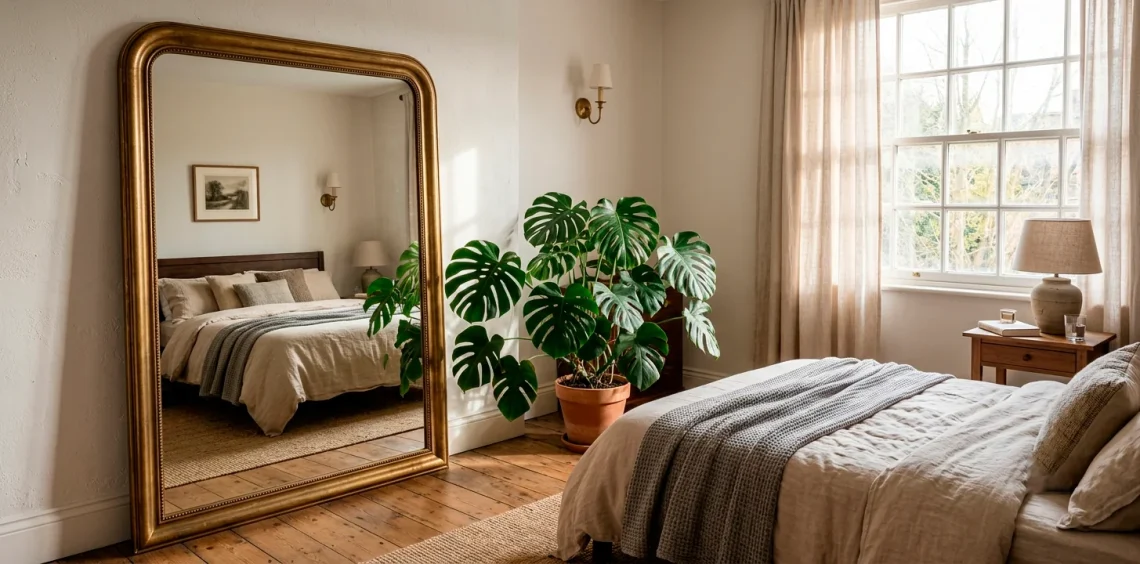 Large floor mirror in a small sunlit bedroom reflecting a cozy bed and plants to create depth