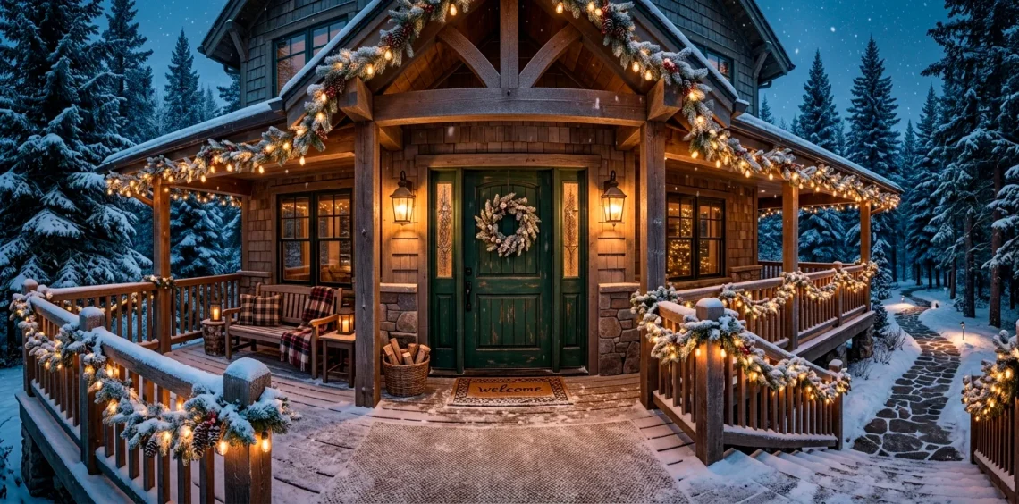 Beautifully decorated holiday porch featuring weatherproofed garlands, glowing string lights, and snow-dusted steps at dusk.