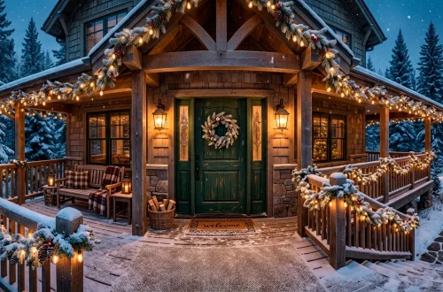 Beautifully decorated holiday porch featuring weatherproofed garlands, glowing string lights, and snow-dusted steps at dusk.