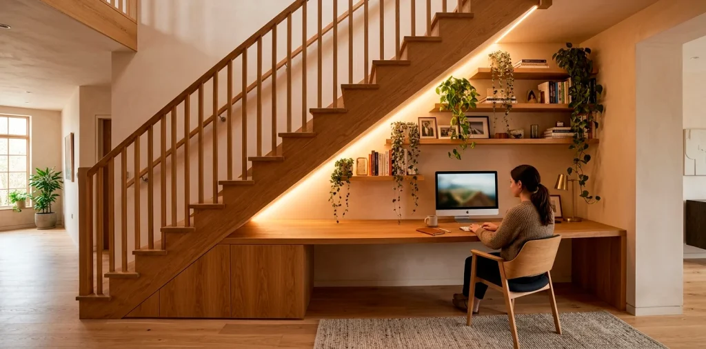 Modern home office built under a wooden staircase with warm lighting and floating shelves.