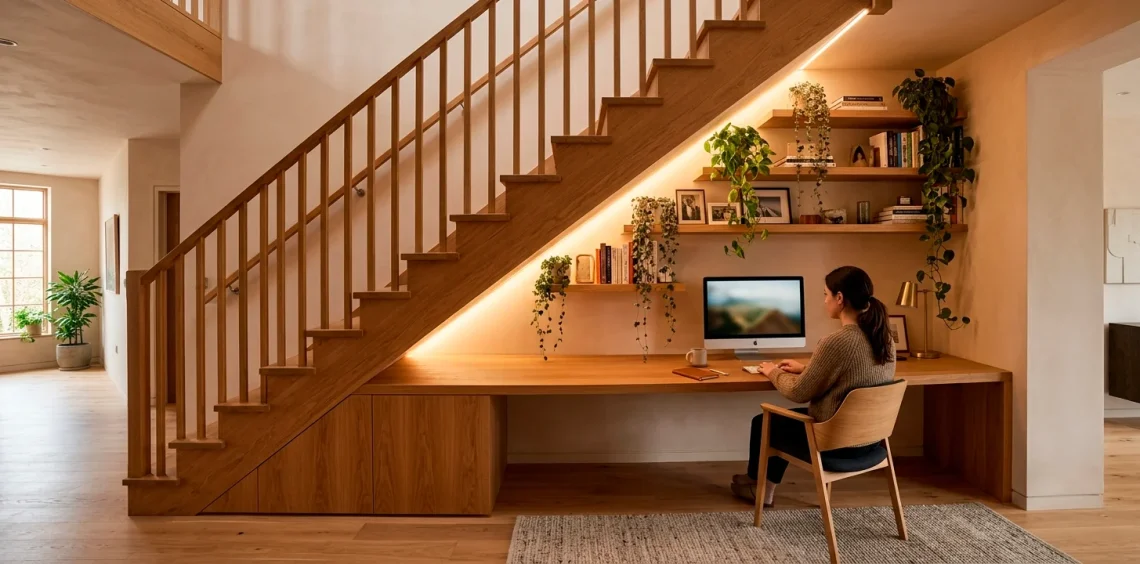 Modern home office built under a wooden staircase with warm lighting and floating shelves.