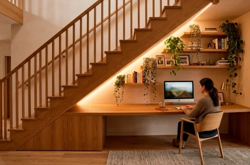 Modern home office built under a wooden staircase with warm lighting and floating shelves.