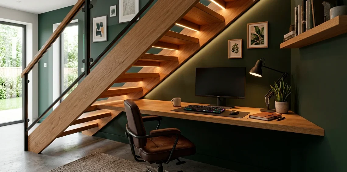 Modern home office built into the triangular nook under wooden stairs featuring a floating oak desk and leather chair.