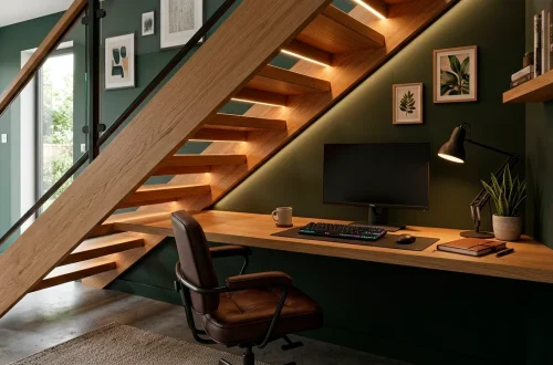 Modern home office built into the triangular nook under wooden stairs featuring a floating oak desk and leather chair.