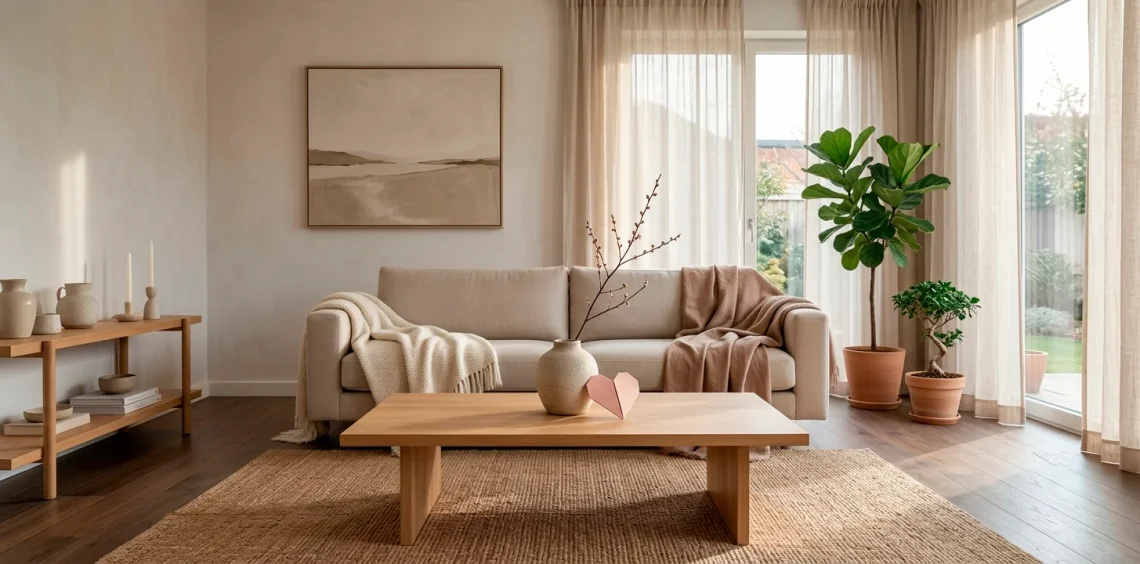 Minimalist Japandi style living room with subtle blush pink Valentine's Day decor on a low oak coffee table