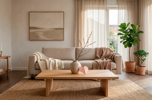Minimalist Japandi style living room with subtle blush pink Valentine's Day decor on a low oak coffee table