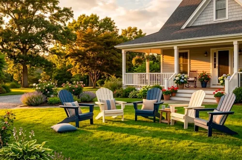 Beautiful front yard with classic Adirondack chairs on green grass during golden hour