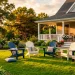Beautiful front yard with classic Adirondack chairs on green grass during golden hour