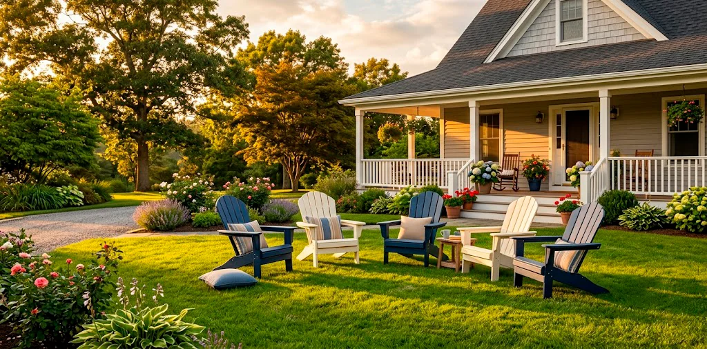 Beautiful front yard with classic Adirondack chairs on green grass during golden hour