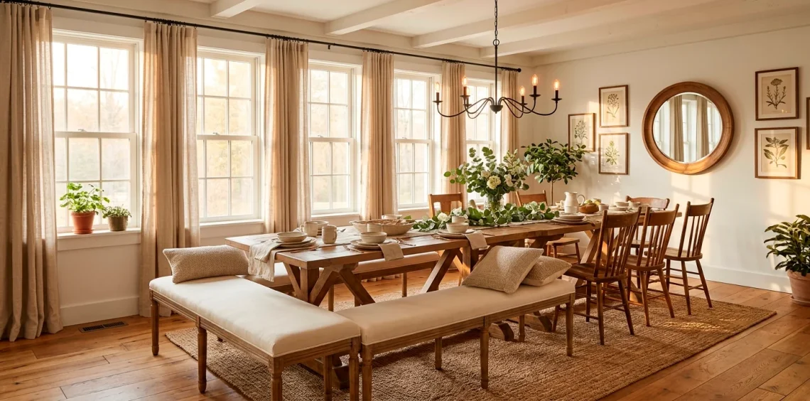 Cozy farmhouse dining room featuring a reclaimed wood bench and rustic table with warm natural lighting.