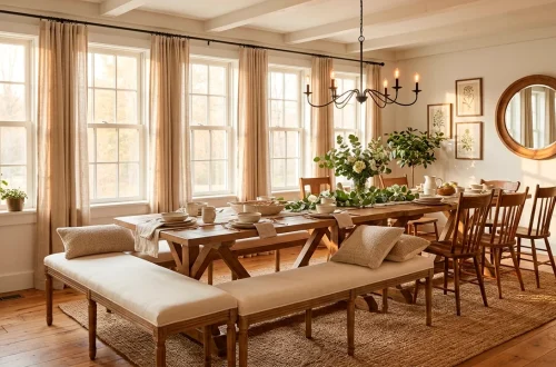 Cozy farmhouse dining room featuring a reclaimed wood bench and rustic table with warm natural lighting.