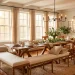 Cozy farmhouse dining room featuring a reclaimed wood bench and rustic table with warm natural lighting.