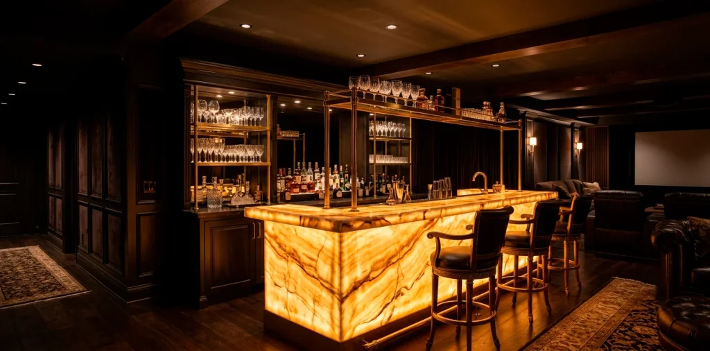 Luxurious home bar featuring a glowing onyx countertop in a dimly lit room