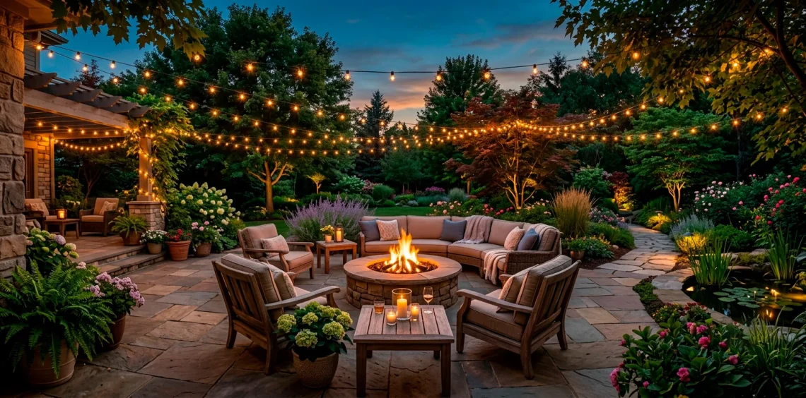 Beautiful backyard patio at dusk featuring glowing fairy lights, cozy seating, and a warm fire pit.