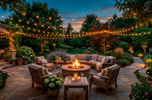 Beautiful backyard patio at dusk featuring glowing fairy lights, cozy seating, and a warm fire pit.