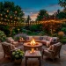 Beautiful backyard patio at dusk featuring glowing fairy lights, cozy seating, and a warm fire pit.