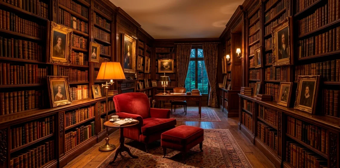 Cozy home library featuring dark wood bookshelves styled with ornate gilded picture frames and vintage books.