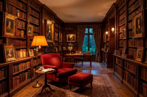 Cozy home library featuring dark wood bookshelves styled with ornate gilded picture frames and vintage books.