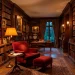 Cozy home library featuring dark wood bookshelves styled with ornate gilded picture frames and vintage books.