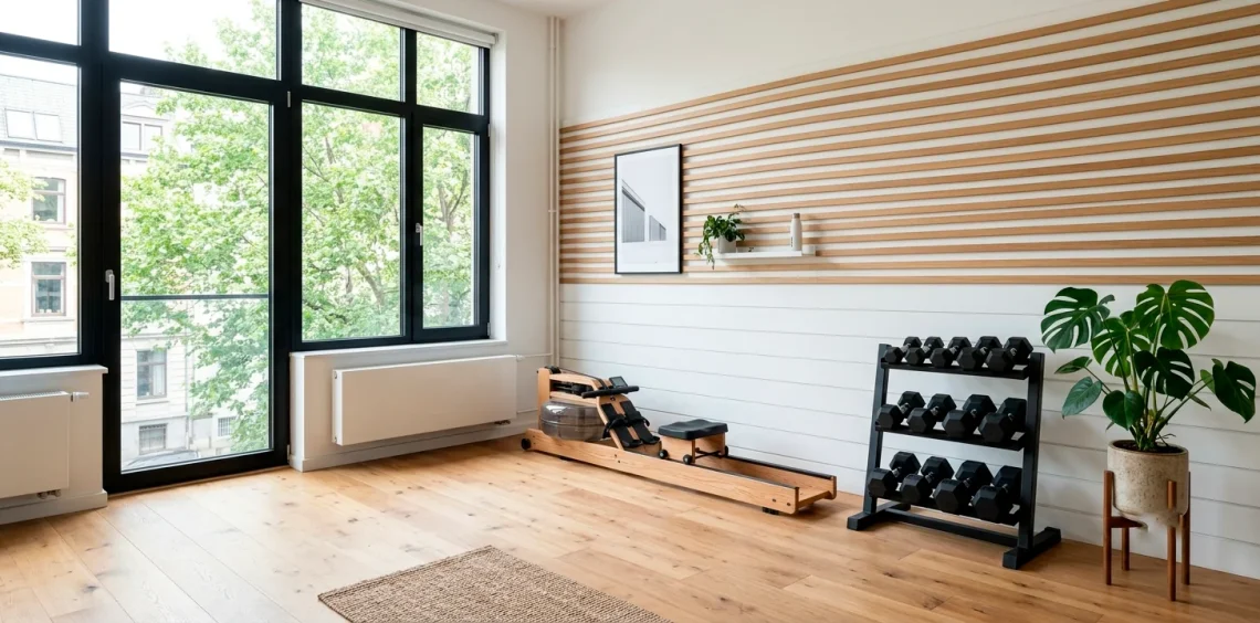 Bright minimalist home gym in a small apartment with sleek oak floors, neat dumbbell rack, and natural light.