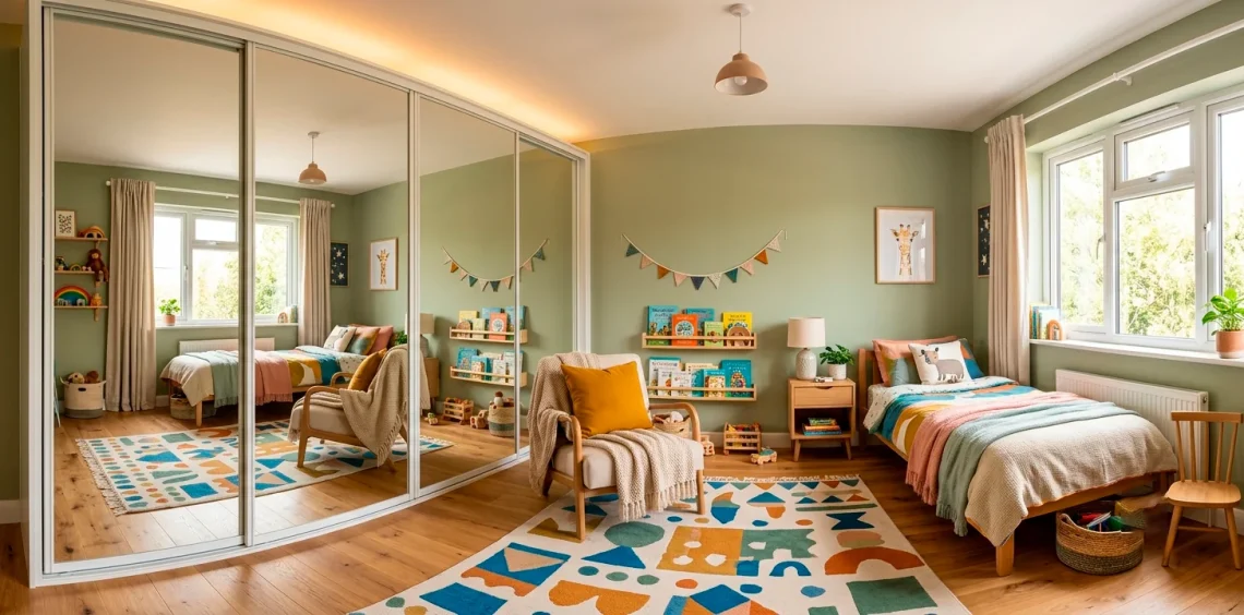 Wide view of a kid's bedroom featuring a sleek mirror-fronted wardrobe reflecting natural light and cozy decor.