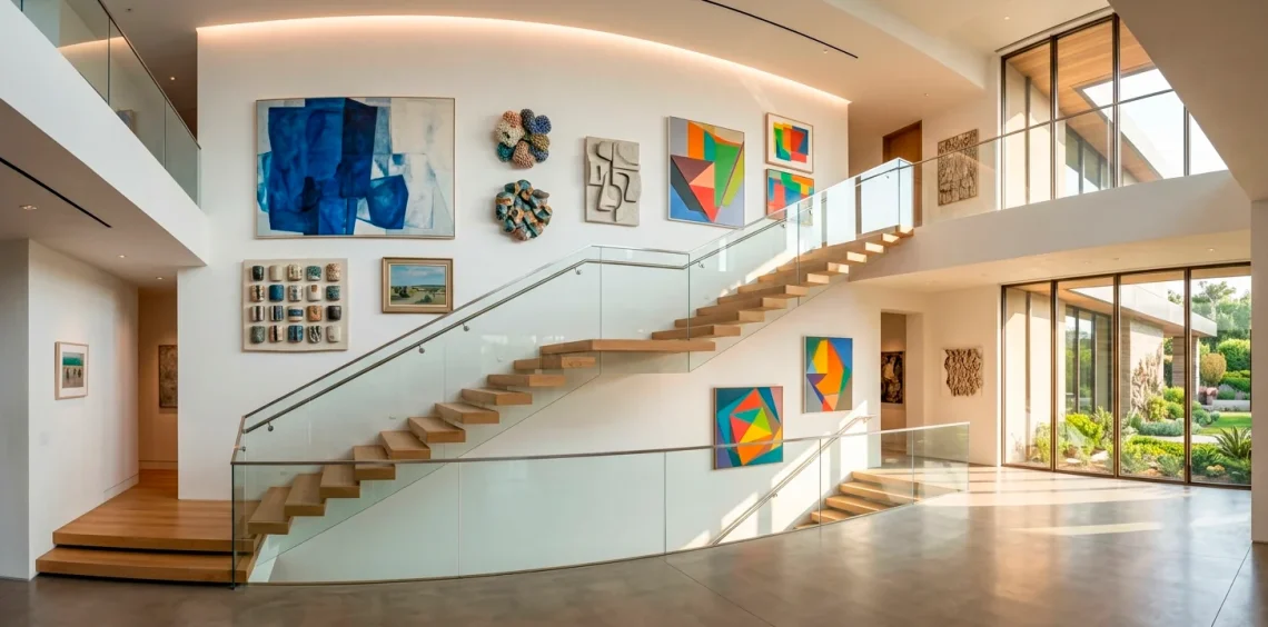 Wide horizontal view of a modern luxury staircase featuring a sophisticated gallery wall with artwork and LED lighting.