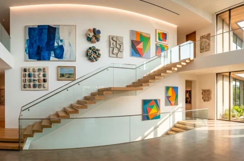 Wide horizontal view of a modern luxury staircase featuring a sophisticated gallery wall with artwork and LED lighting.