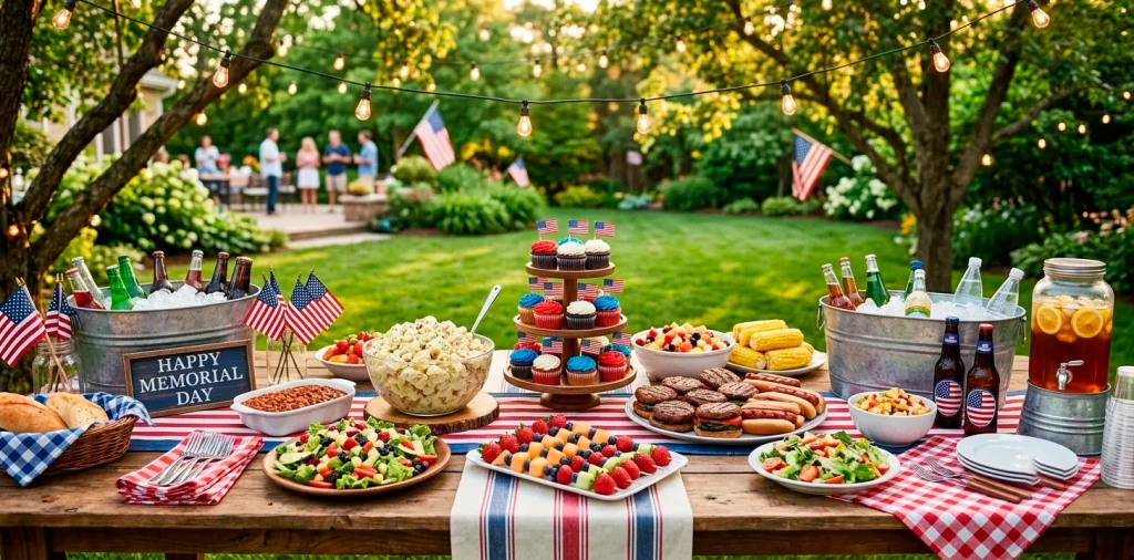 Festive Memorial Day buffet table featuring vibrant red, white, and blue food displays on a rustic outdoor patio.