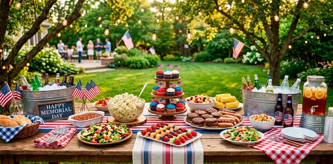 Festive Memorial Day buffet table featuring vibrant red, white, and blue food displays on a rustic outdoor patio.