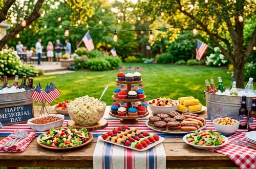 Festive Memorial Day buffet table featuring vibrant red, white, and blue food displays on a rustic outdoor patio.