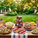 Festive Memorial Day buffet table featuring vibrant red, white, and blue food displays on a rustic outdoor patio.