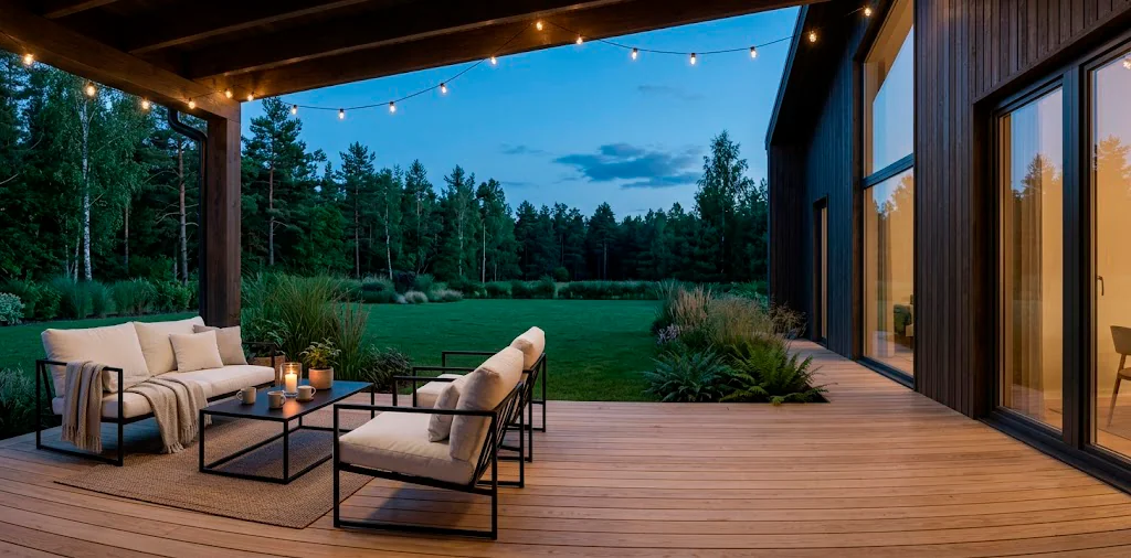 Minimalist Scandi-inspired back porch with light oak decking, modern black furniture, and cozy ambient evening lighting.