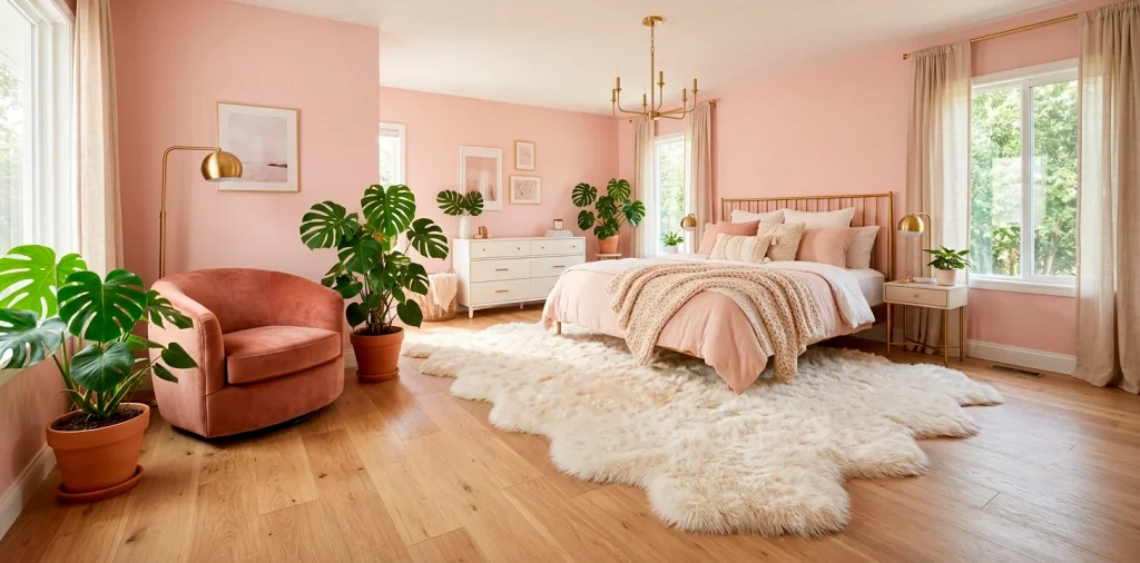 Plush ivory faux fur rug styled in a sunlit ultra-femme bedroom with blush pink walls and elegant gold decor.