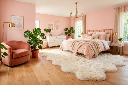 Plush ivory faux fur rug styled in a sunlit ultra-femme bedroom with blush pink walls and elegant gold decor.