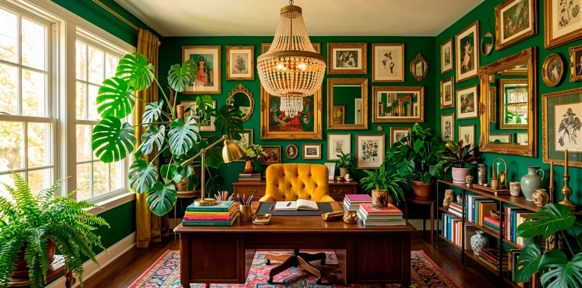A colorful maximalist home office featuring jewel-toned walls, an eclectic gallery wall, and a yellow velvet chair.