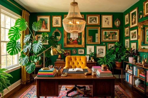 A colorful maximalist home office featuring jewel-toned walls, an eclectic gallery wall, and a yellow velvet chair.