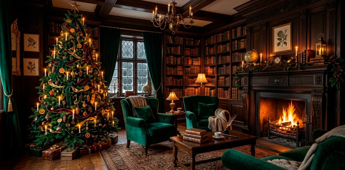 Dark academia vintage Christmas living room with glowing candles, velvet ribbons, and leather-bound books.