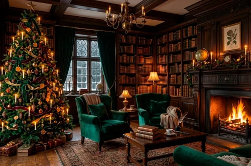 Dark academia vintage Christmas living room with glowing candles, velvet ribbons, and leather-bound books.