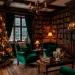 Dark academia vintage Christmas living room with glowing candles, velvet ribbons, and leather-bound books.