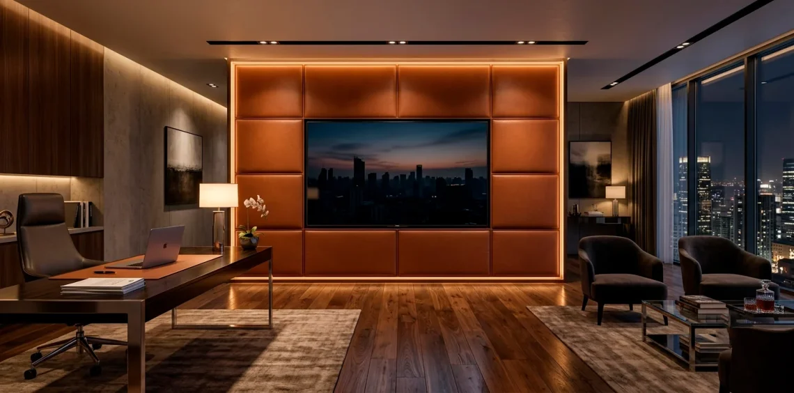 Luxurious executive suite featuring a sleek flat-screen TV mounted on a rich cognac leather-wrapped accent wall with LED backlighting.