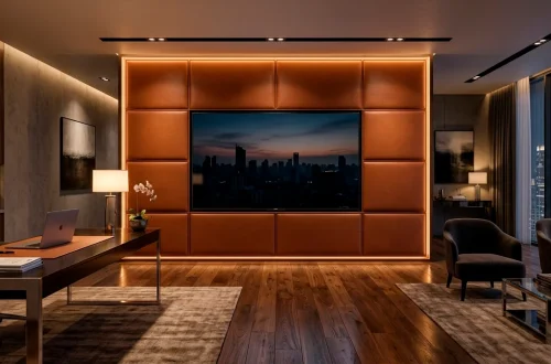 Luxurious executive suite featuring a sleek flat-screen TV mounted on a rich cognac leather-wrapped accent wall with LED backlighting.