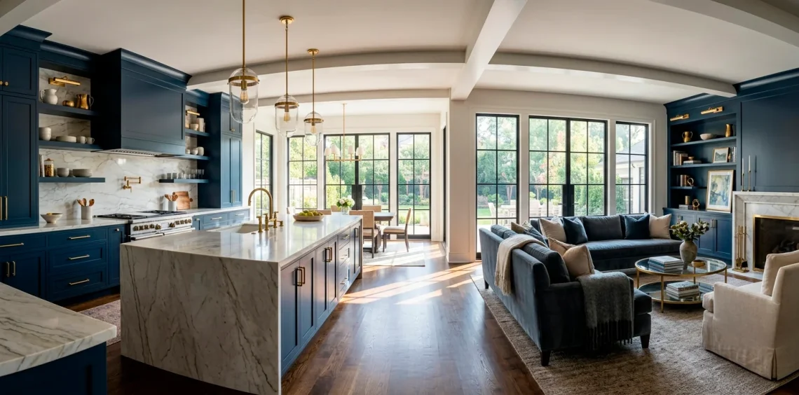 High-end kitchen featuring custom cabinetry with luxury brushed brass hardware and gold faucet accents.